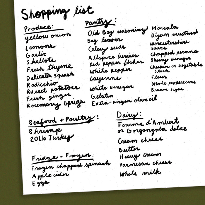 Handwritten shopping list categorized into Produce, Seafood & Poultry, Pantry, Fridge & Frozen, and Dairy, including items such as yellow onion, shrimp, Old Bay seasoning, Dijon mustard, and butter.