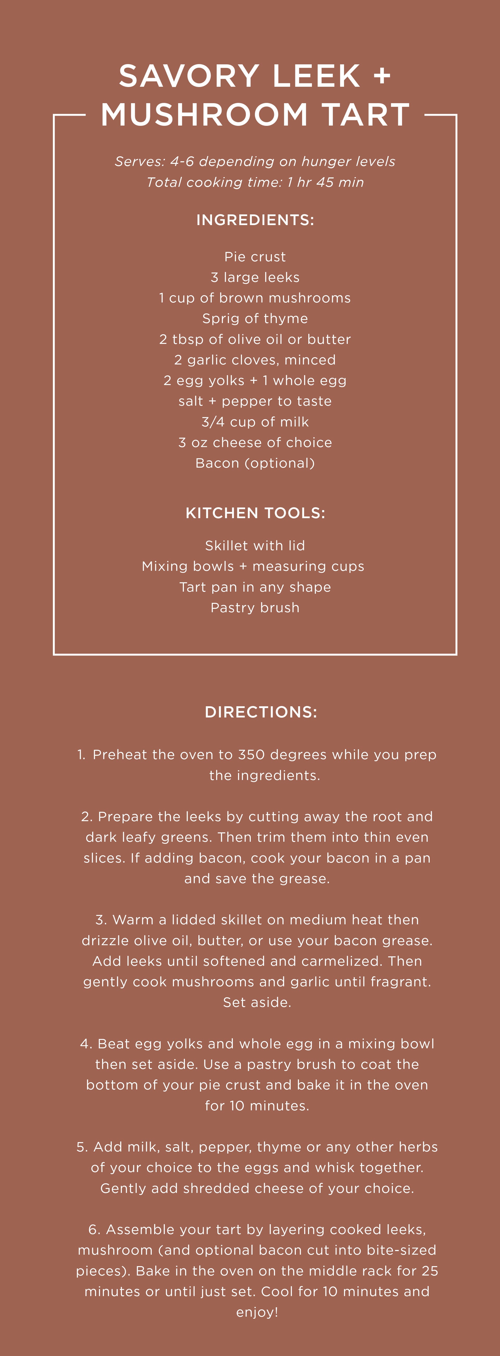 Recipe card for a leek and mushroom tart.