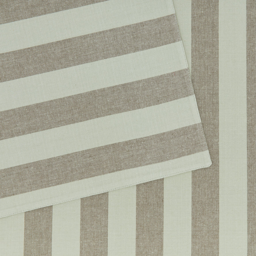Close up of Essential Striped Placemat in Olive and Sage.
