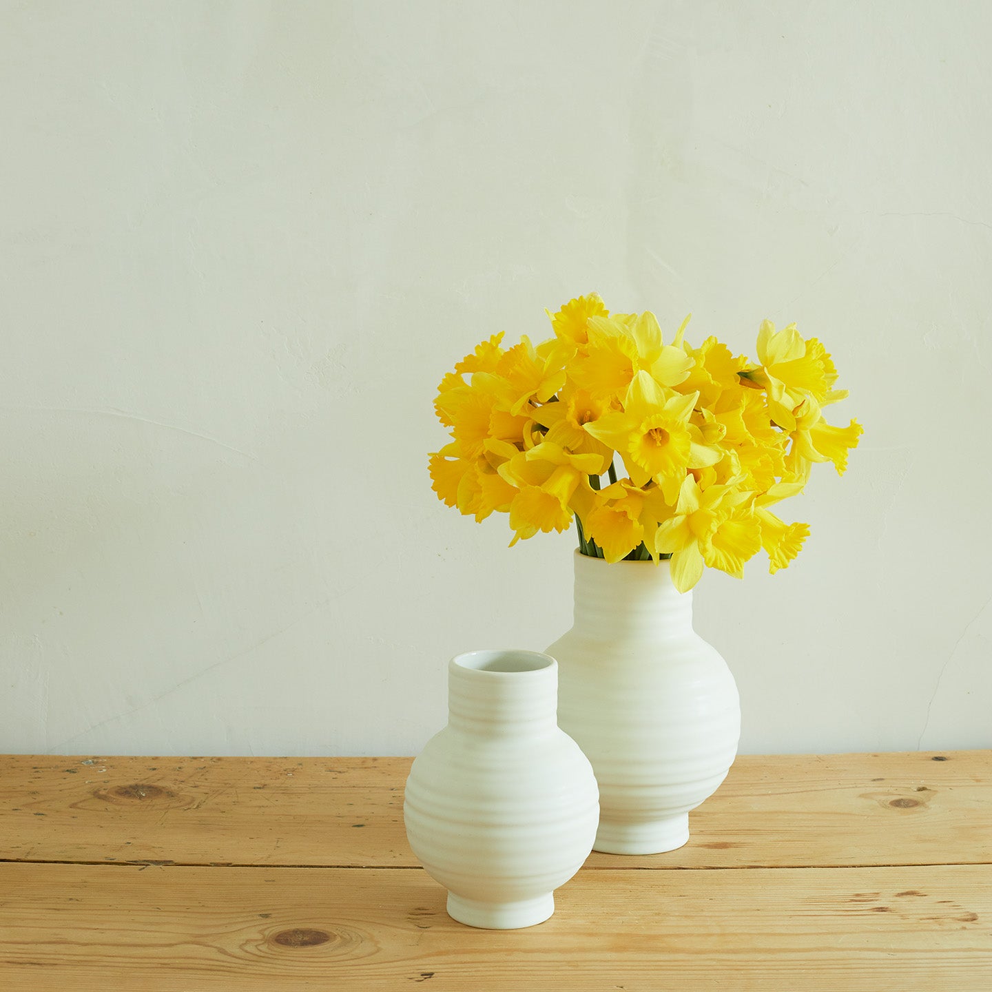 Essential Ceramic Vase in Bone on wood countertop with daffodils.