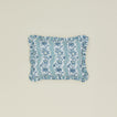 Block printed floral ruffled pillow in indigo.