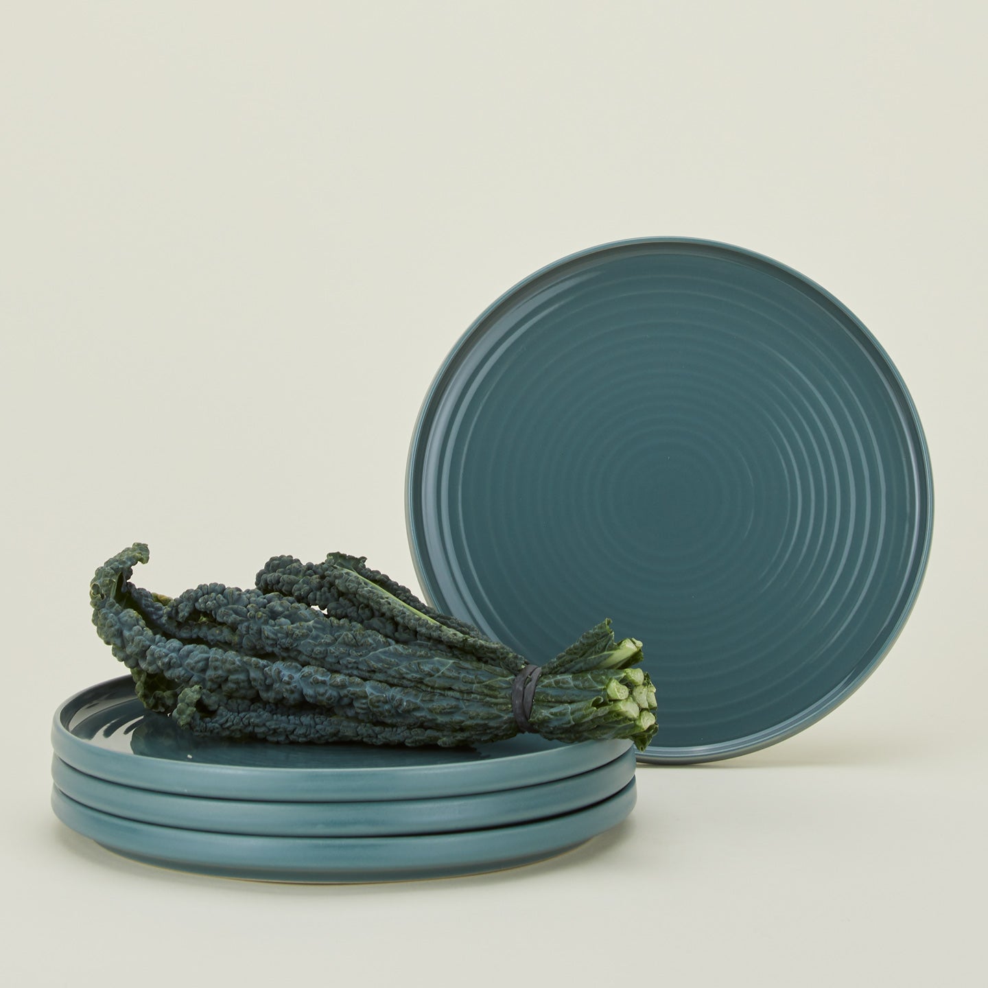 Set of 4 essential dinner plates in peacock with asparagus