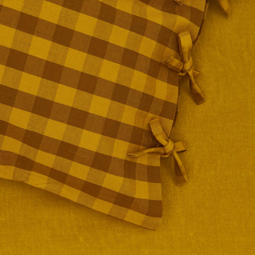 Close up view of essential gingham pillow case.