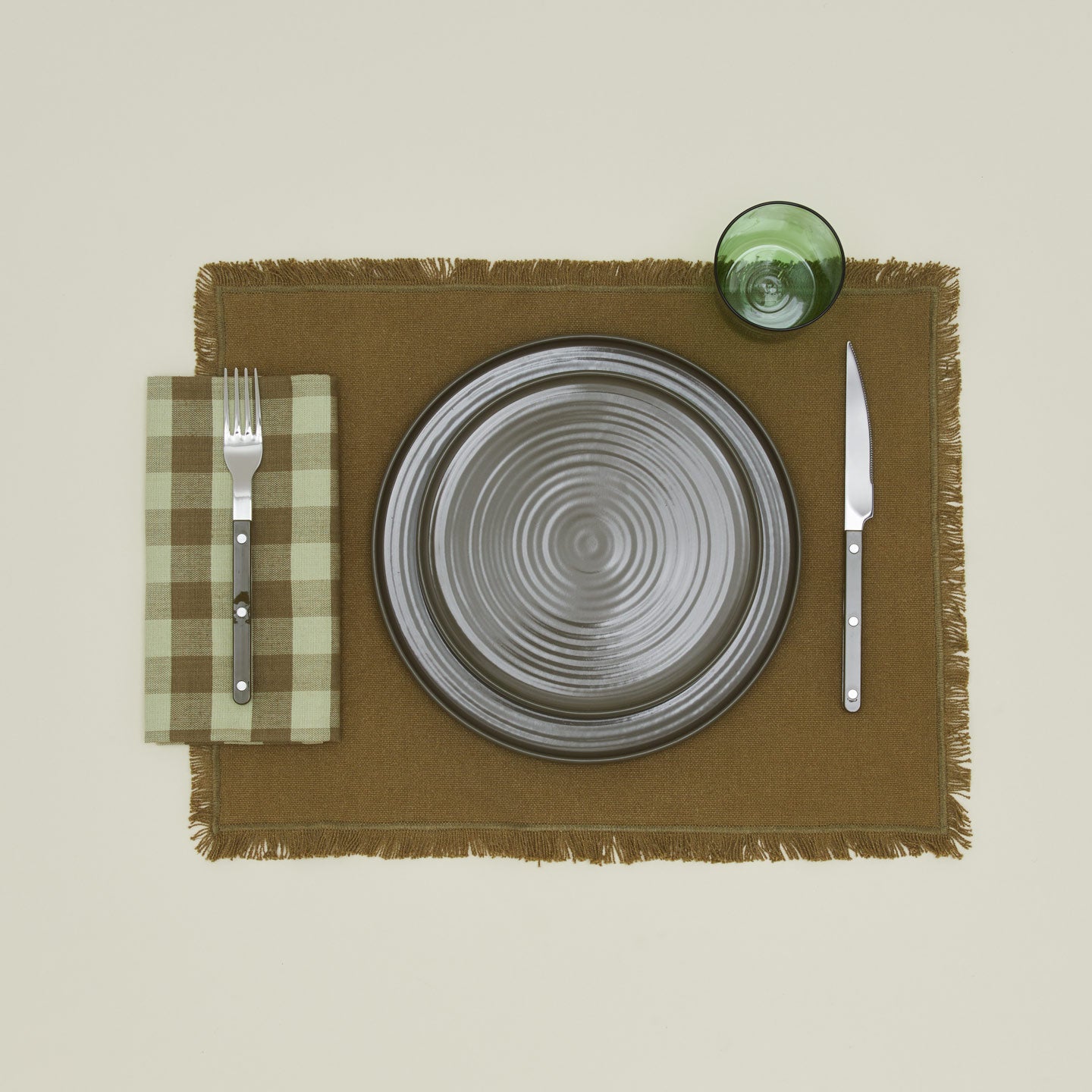 Essential Gingham napkin in sage/olive with place setting