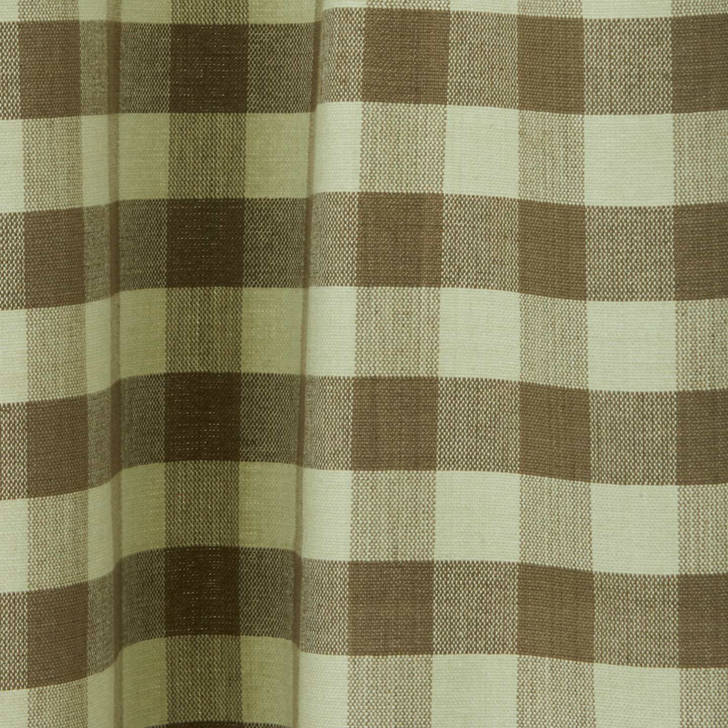 Close up view of gingham shower curtain in sage/olive
