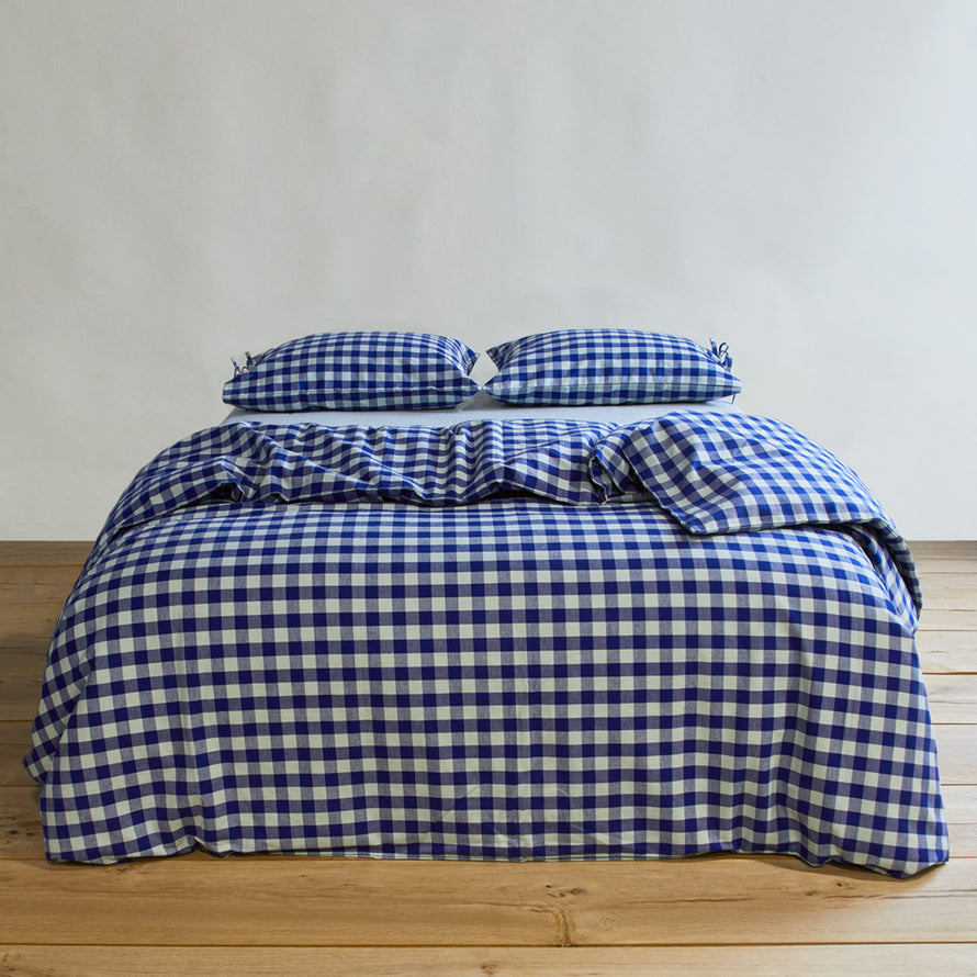 Essential Gingham Duvet - Sky/Blue on bed with matching pillow cases
