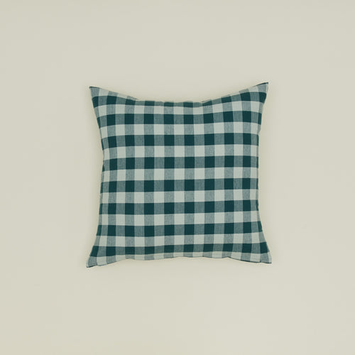 Gingham square pillow in sky/peacock