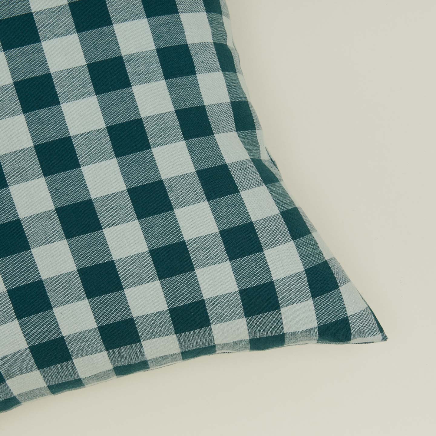 Close up view of gingham square pillow in sky/peacock