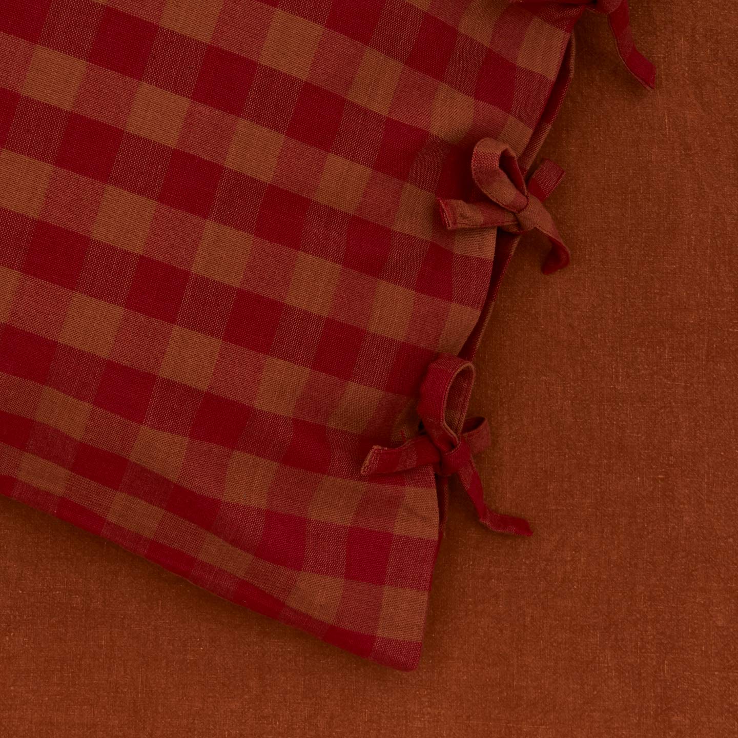 Close up view of essential gingham pillow in terracotta/red