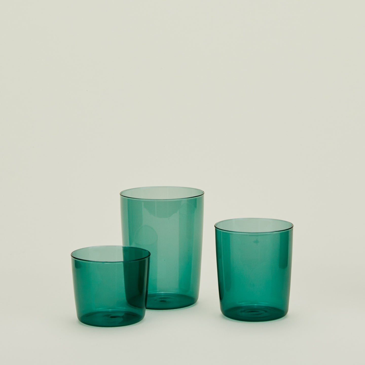 Group of three Essential Glasses in Peacock in Small, Medium and Large sizes.