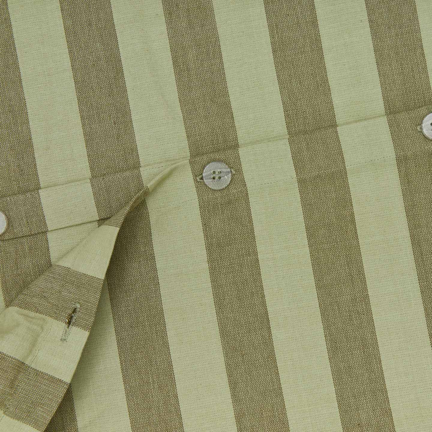 Close up view of essential striped duvet in sage/olive