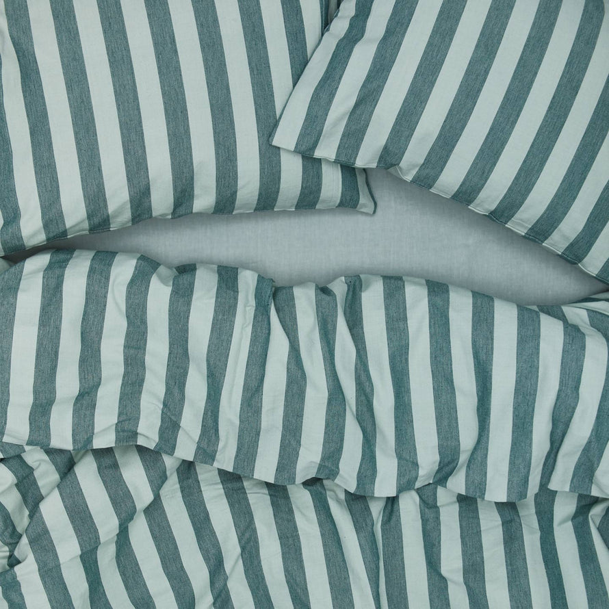 Essential Stripe Duvet - Sky/Peacock on bed with matching pillow cases