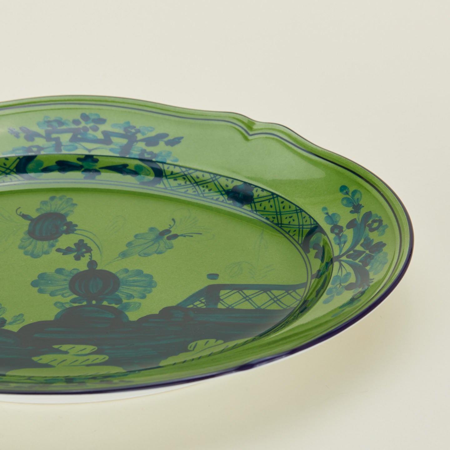 Close up of Ginori oval platter in malachite