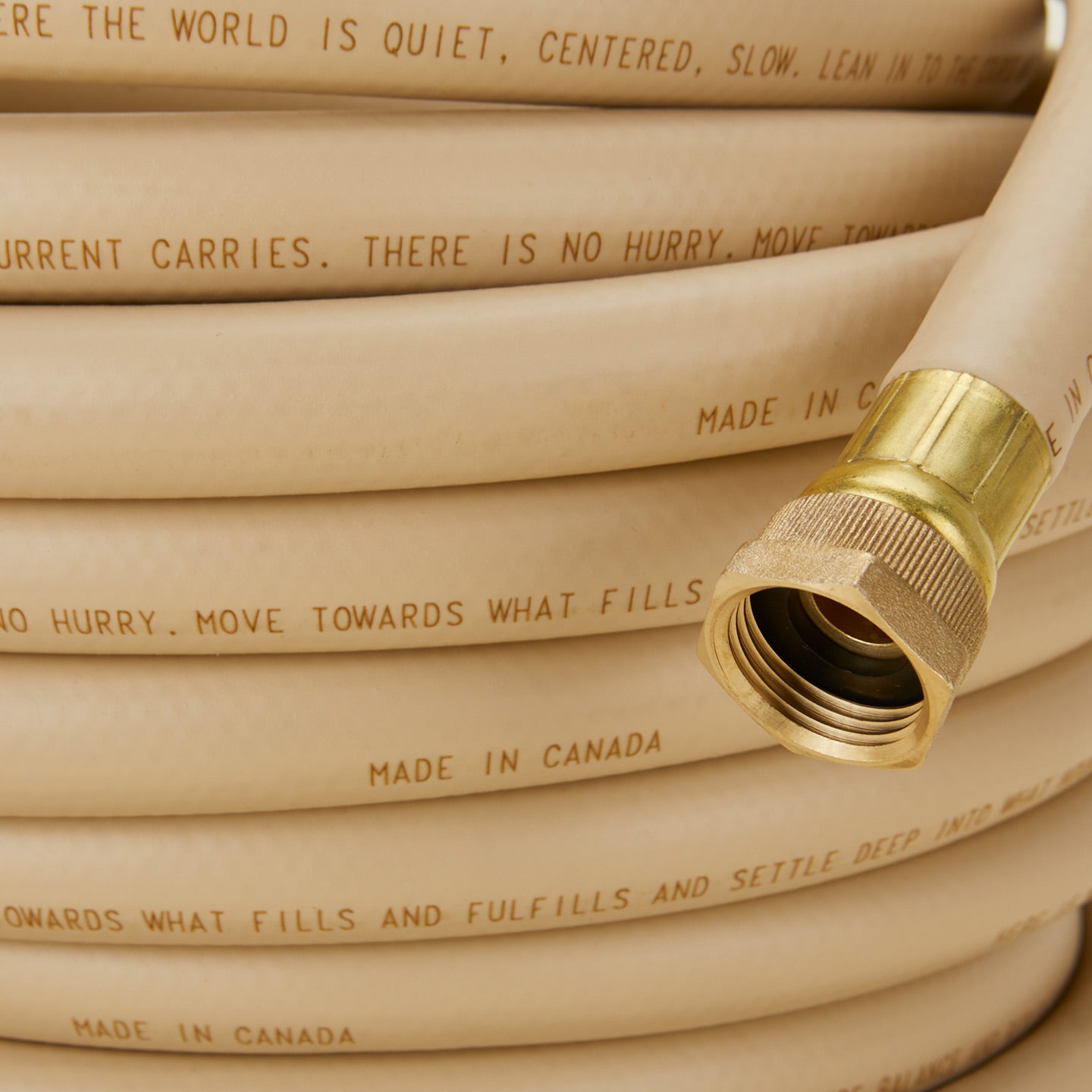Close up view of Goodland everlasting garden hose in tan