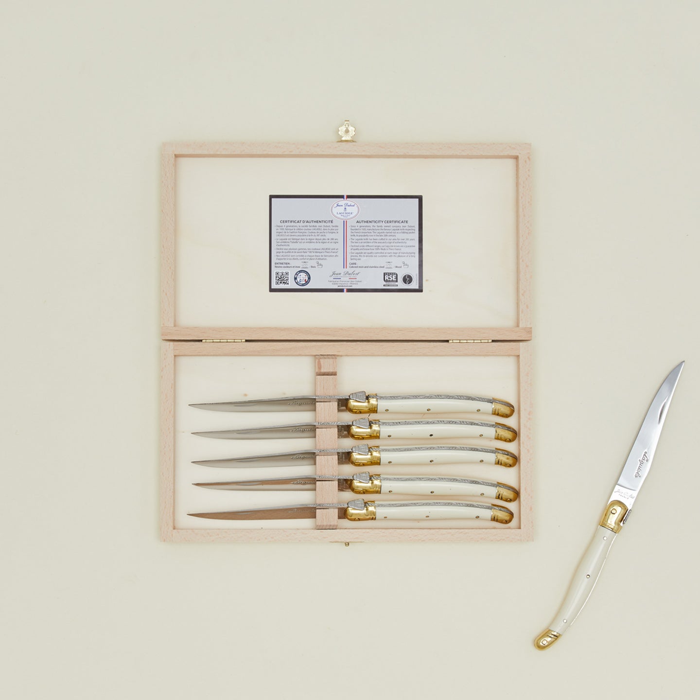 Jean Dubost steak knives set of 6 in open wooden storage box