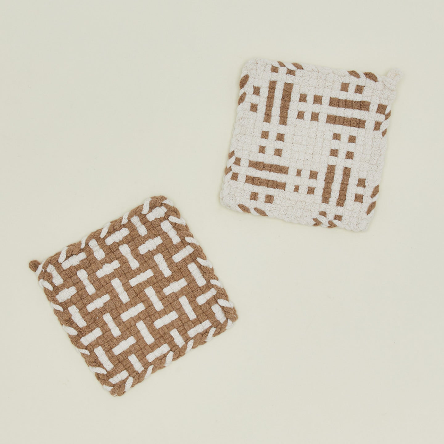 Dots and dashes potholder and parquet potholder in white and flax