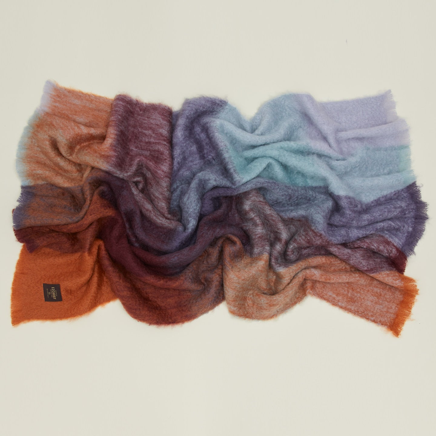 Exploded Plaid Mohair Throw in cool tones, open. 