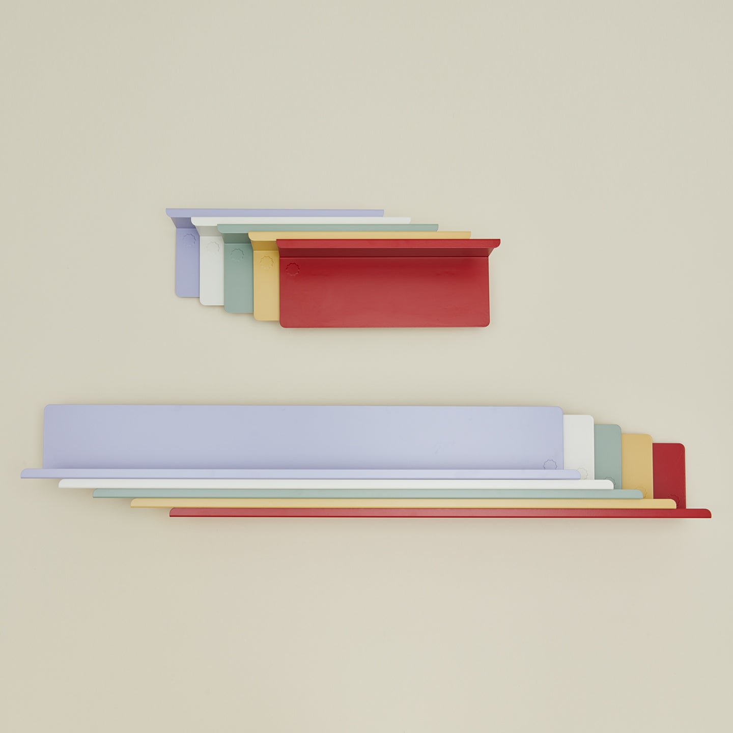Ledge shelves in various colors
