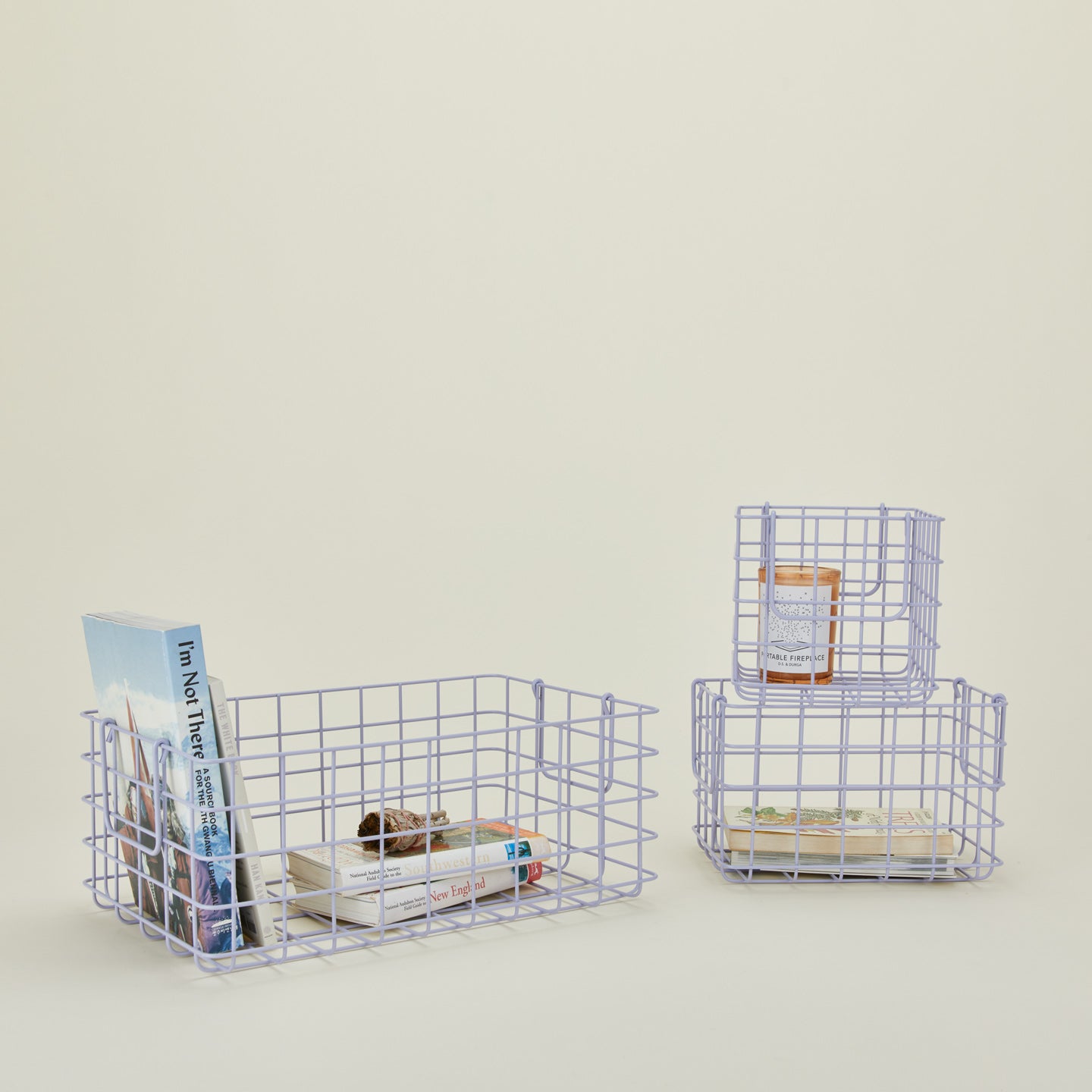 Set of 3 grid baskets in lilac with items