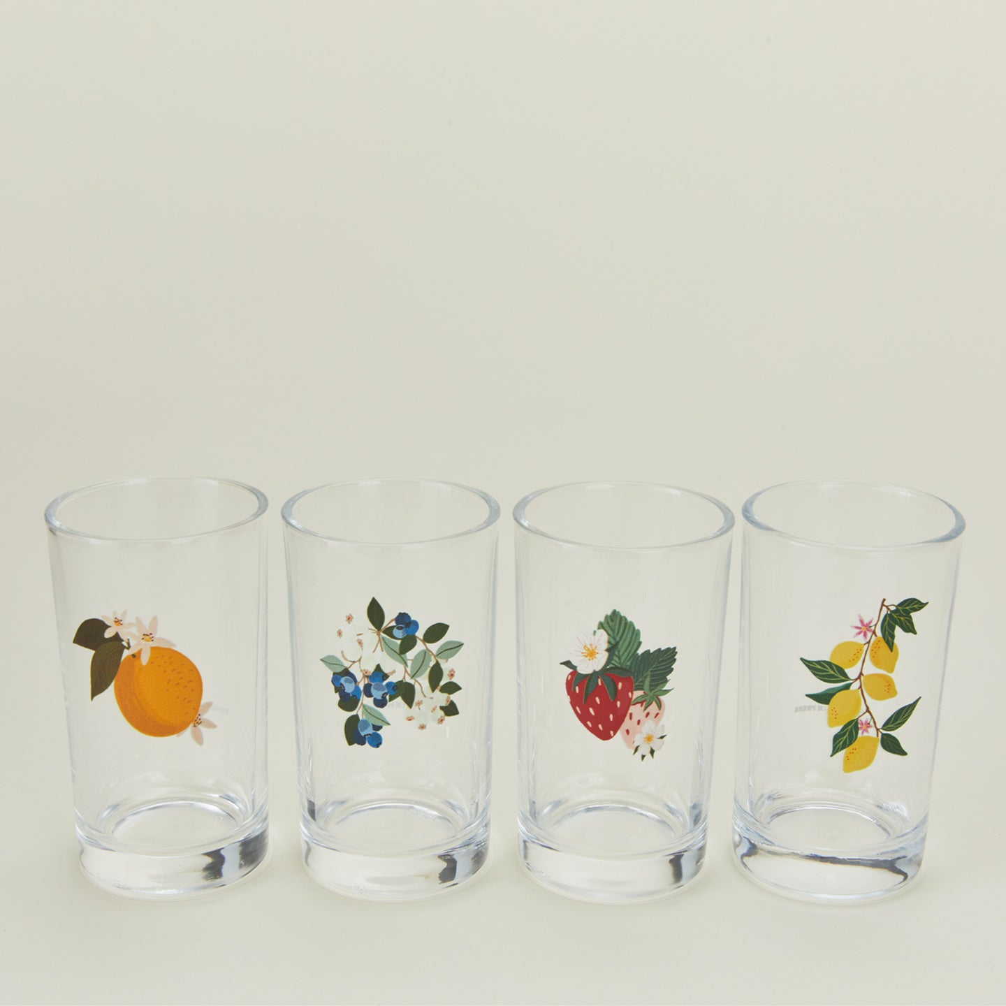 Close up view of juice glasses, set of 4