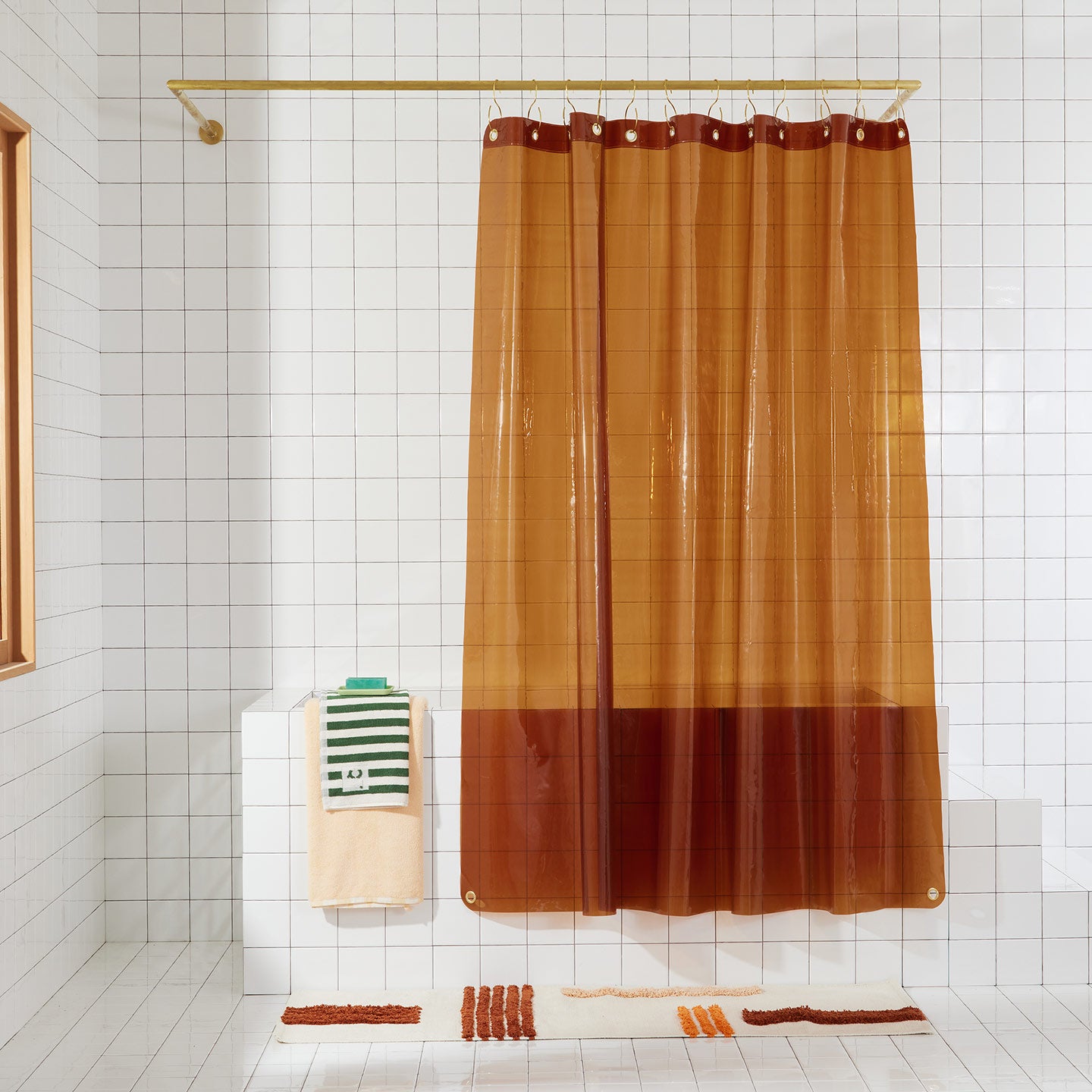 Sunny shower curtain in honey in bathroom