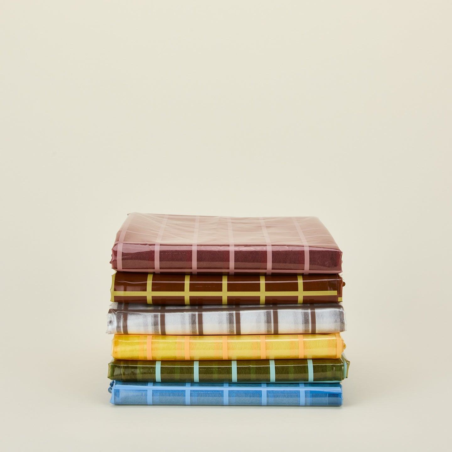 Sun grid shower curtains in various colors.