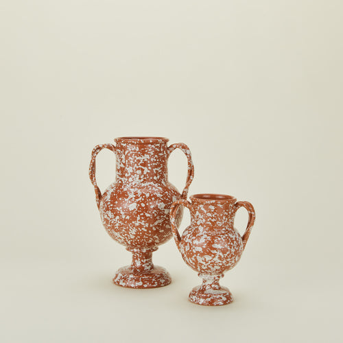 Terracotta and ivory splatter verona vases in large and small