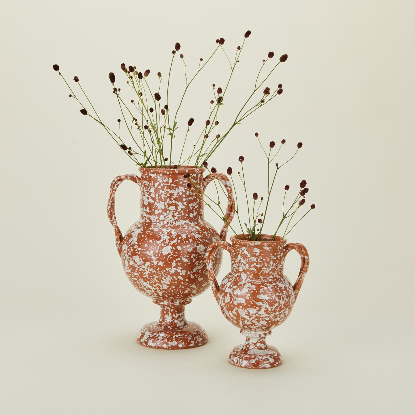 Terracotta and ivory splatter verona vase in large and small with florals