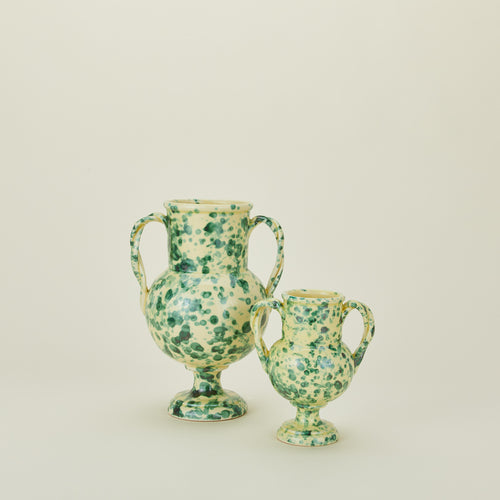 Yellow and green splatter verona vases in large and small