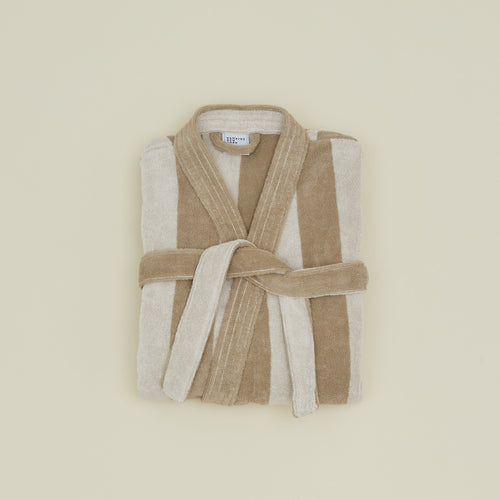 Folded Simple Striped Terry Bathrobe - Ivory/Flax
