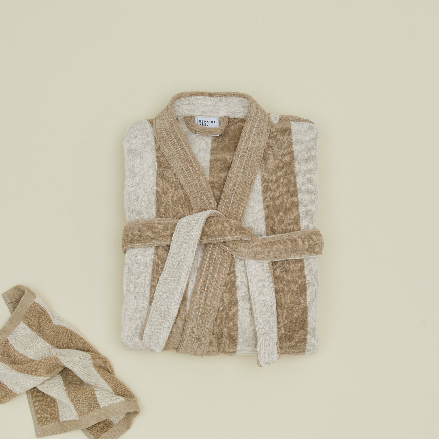 Folded Simple Striped Terry Bathrobe - Ivory/Flax with washcloth