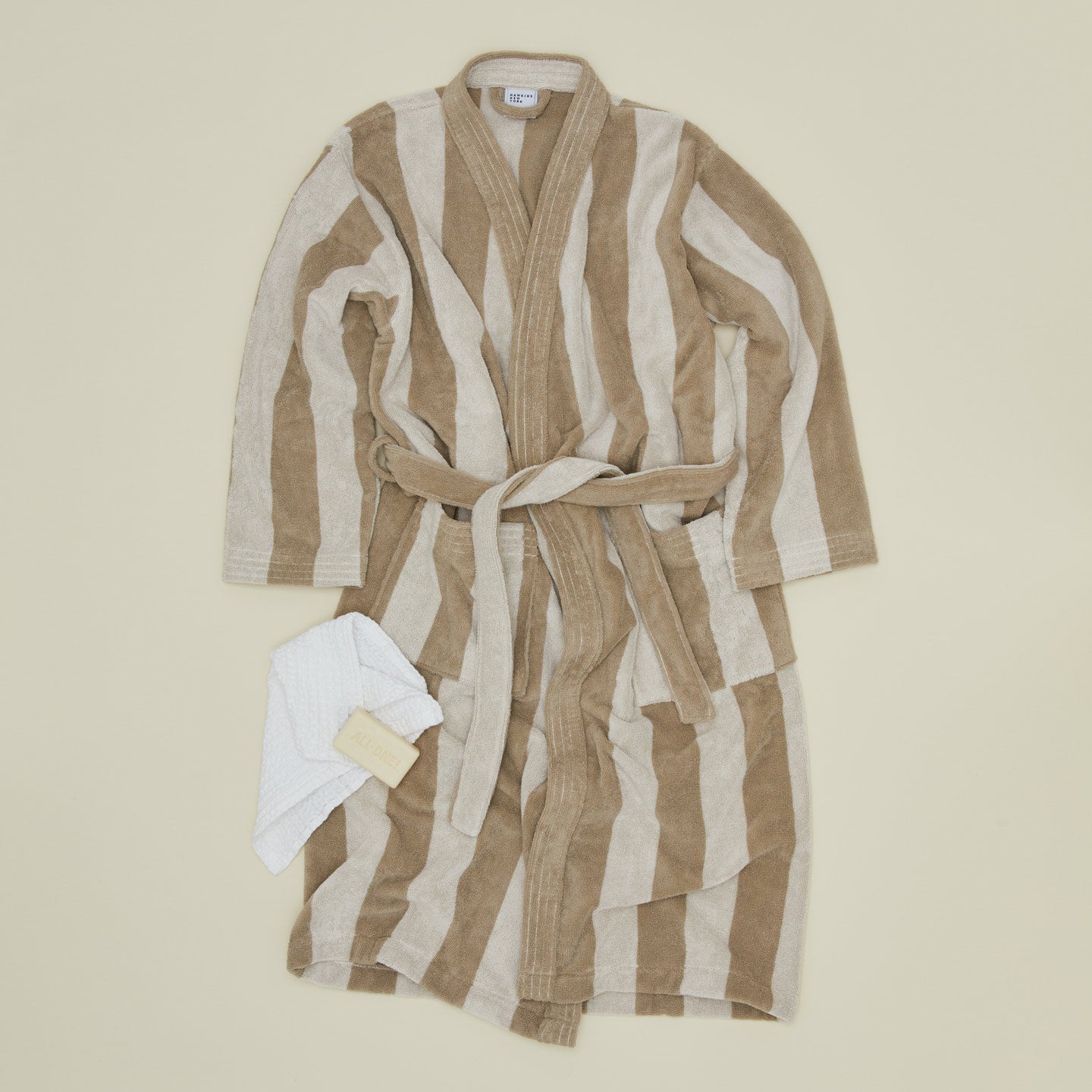 Simple Striped Terry Bathrobe - Ivory/Flax with hand towel and soap