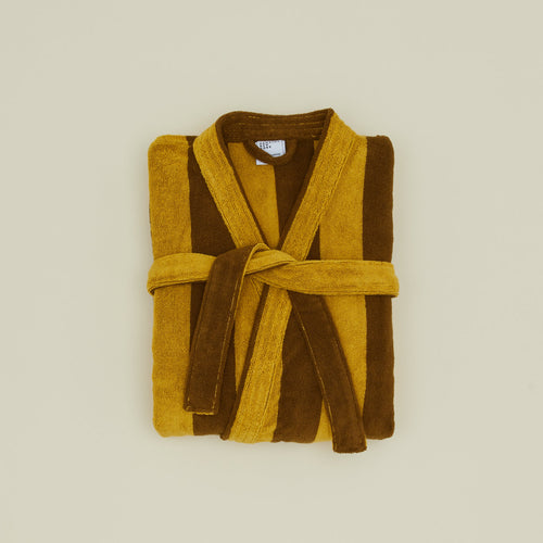 Folded Simple Striped Terry Bathrobe - Mustard/Bronze