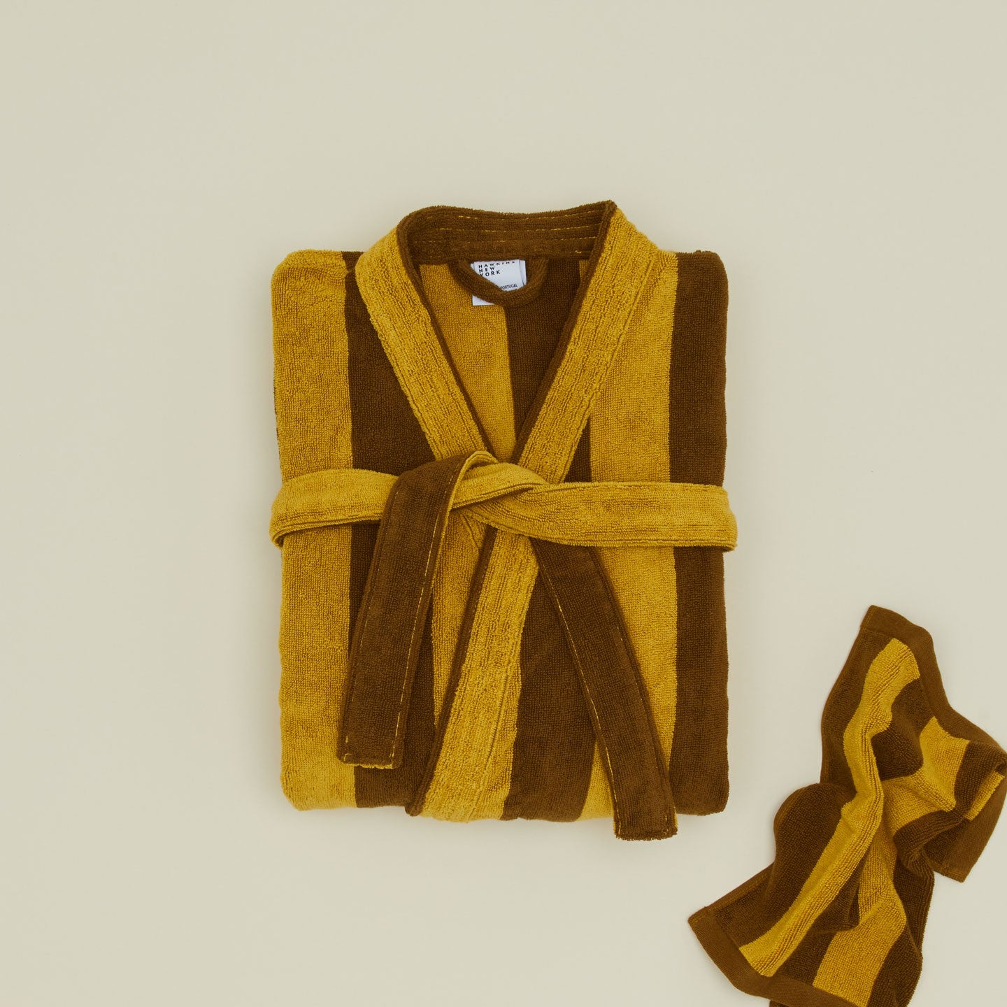 Folded Simple Striped Terry Bathrobe - Mustard/Bronze with washcloth