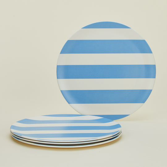 Bamboo Melamine Dinner Plate, Set of 4 - Blue Wide Stripe