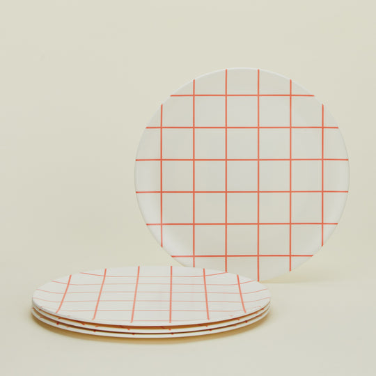 Bamboo Melamine Dinner Plate, Set of 4 - Red Grid